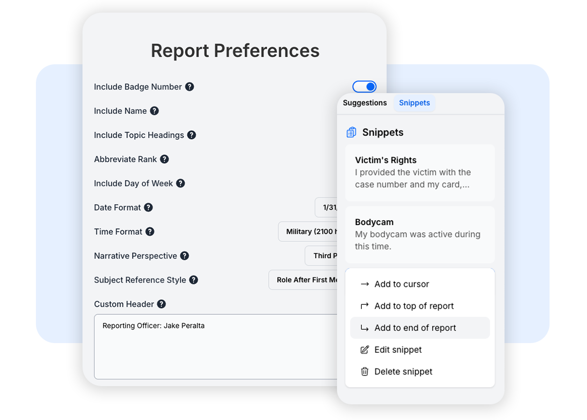 Report Preferences and Snippets screenshots